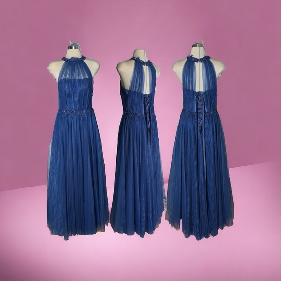 Luxury Designer Blue Beaded Embroidery Illusion Halter \ Ball Gown Blue Size S - Picture 1 of 16